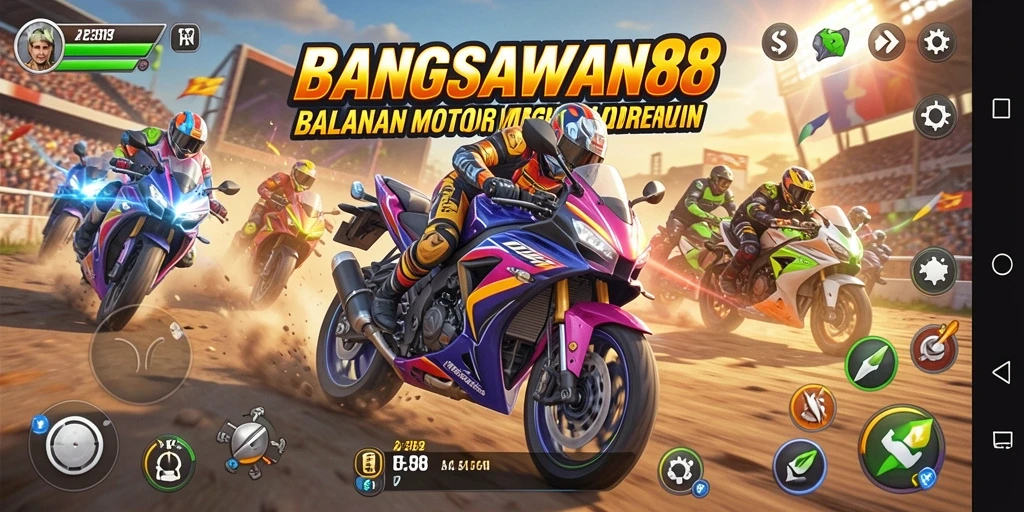 Tampilan gameplay seru di BANGSAWAN88 dengan aksi balapan motor.