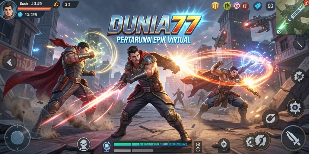 Screenshot DUNIA77 menampilkan pertarungan seru dan karakter yang dinamis.