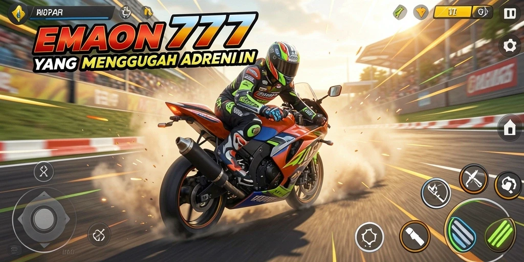 Screenshot gameplay EMON777 dengan motor balap di sirkuit.