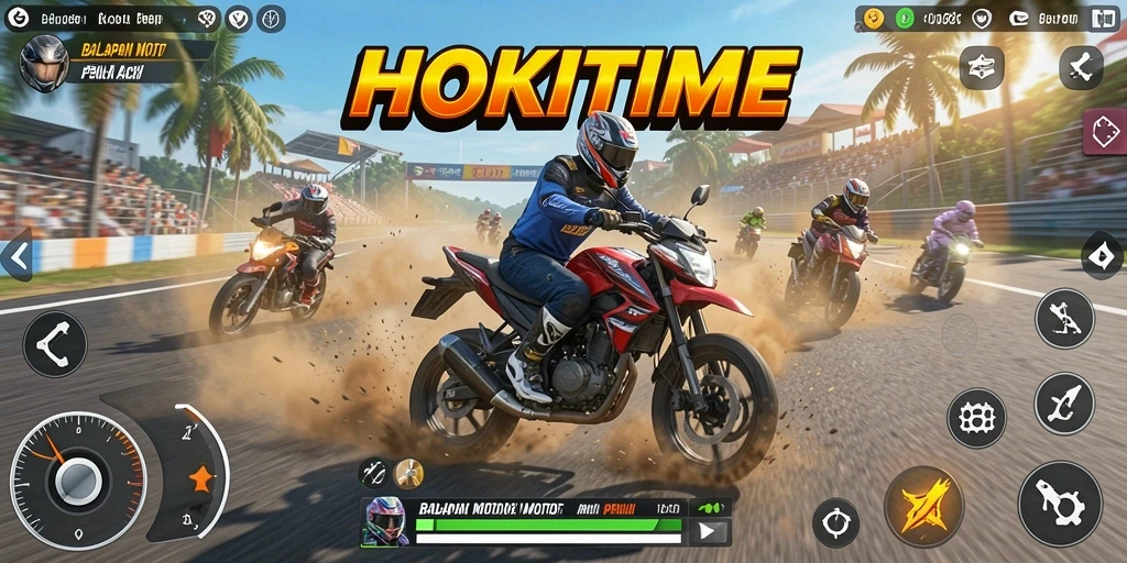 Screenshot HOKITIME menampilkan balapan motor yang intens dan mendebarkan.