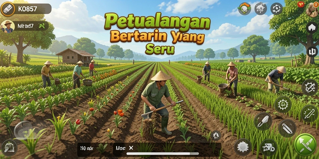 Tampilan gameplay KO857 yang menyoroti keindahan pertanian dan kebun.