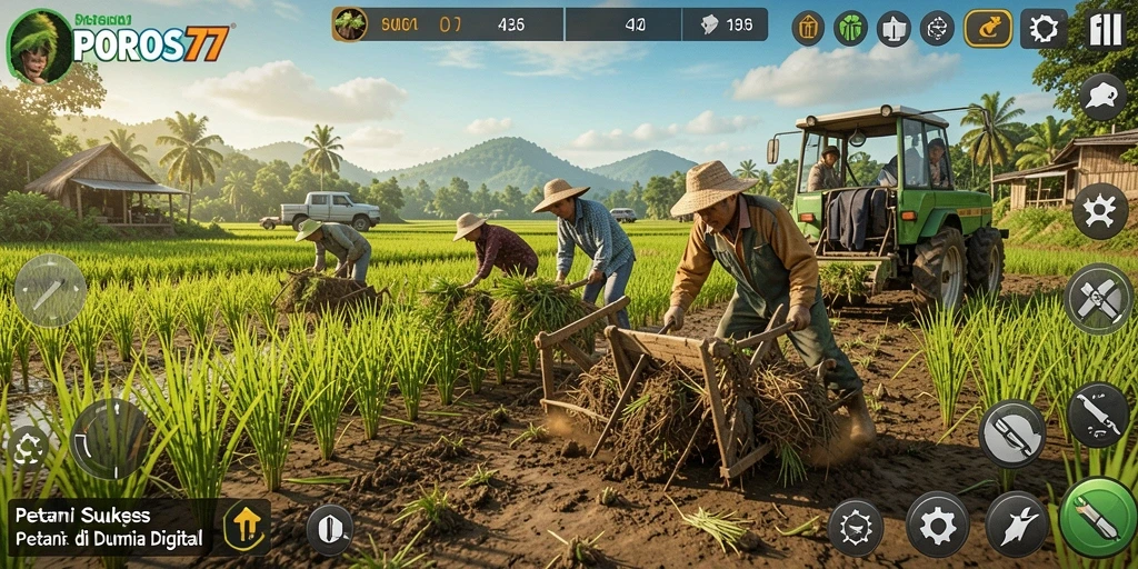 Tampilan permainan menarik dengan ladang hijau dan berbagai tanaman.